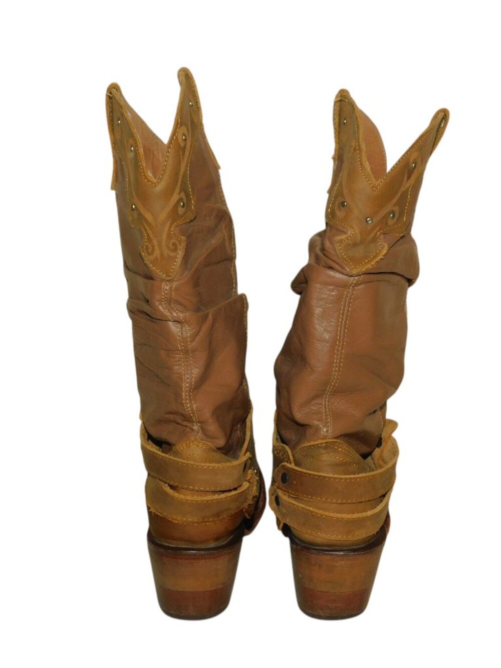 Brown Leather Slouch Western Boots With Decorative Harness Straps Made In Mexico - Picture 4 of 13